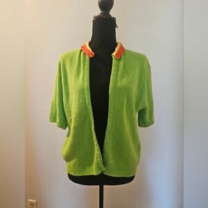 Vibrant Green Open-Front Sweater with Colorful Collar
